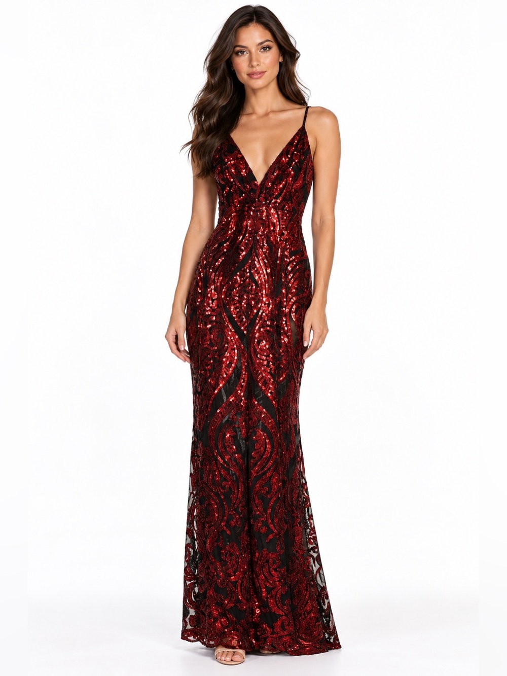 Love & Lemonade NWT Size Medium Red Sequin V-Neck Evening Gown